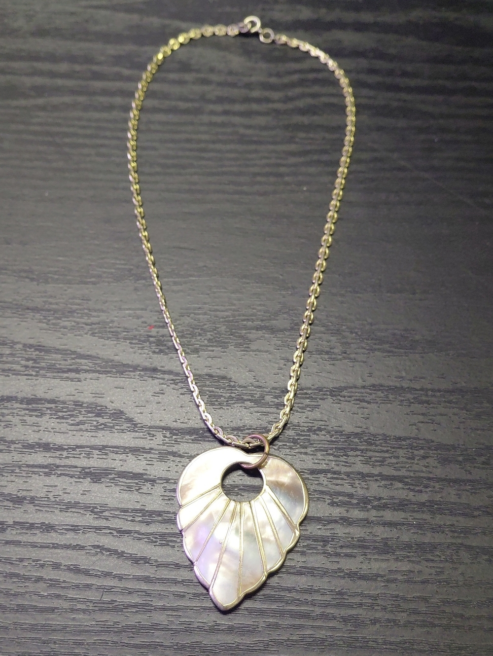 Mother Of Pearl Electroplated Gold Leaf Pendant With Gold Tones 16in Chain